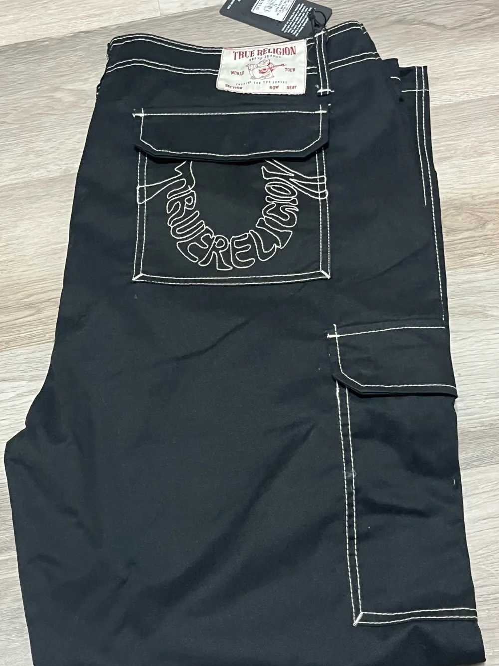 True Religion Cargo Pants Mens Size 44 Jet Black Outline Pocket Logo New $169